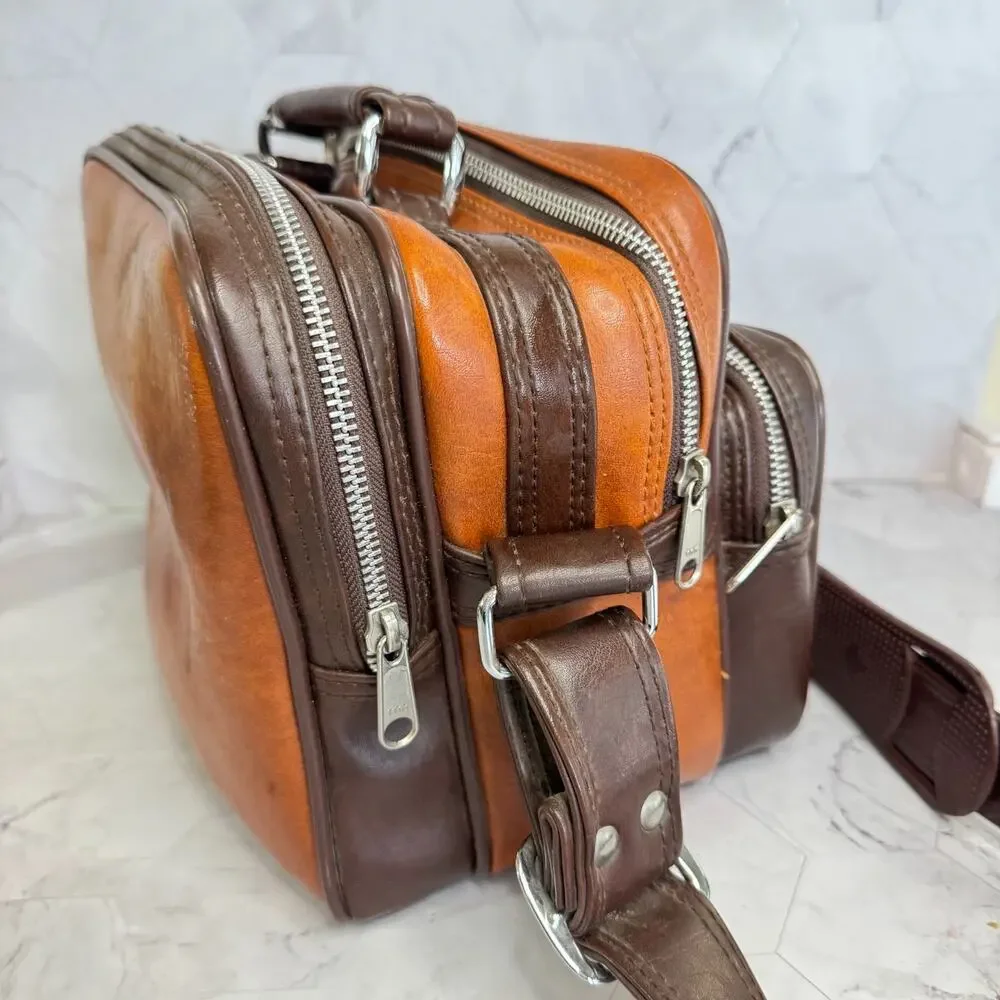 Vintage Camera Bag Two Tone Brown Shoulder Strap Taiwan ROC Retro 70s Synthetic